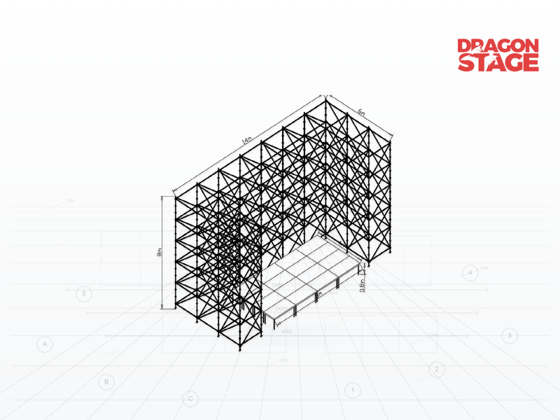 14m Ringlock Event Backdrop Framework with 8x4m Low-Level Aluminum Stage