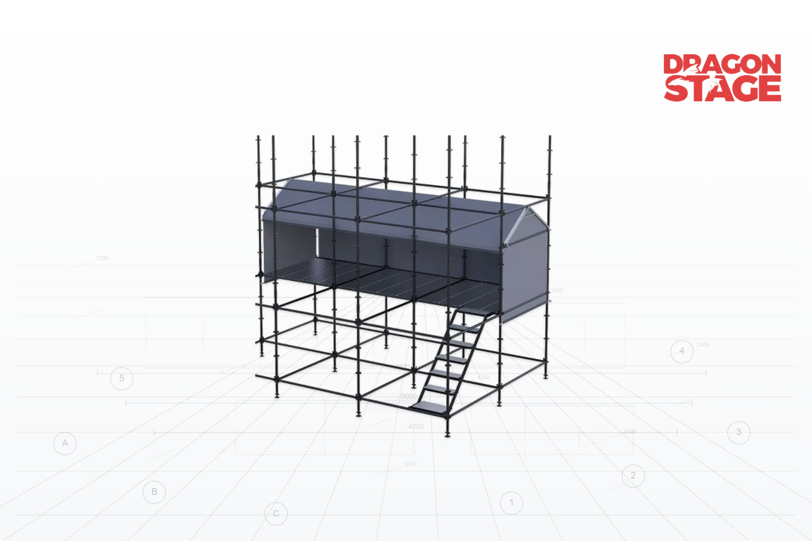 2x6m Linear Ringlock FOH Shelter with Gable Roof and Dedicated Stair Access