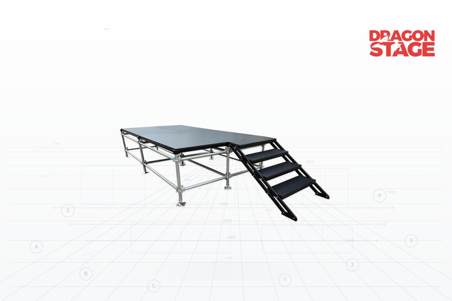 12.2x8.54m Adjustable-Height Steel Ringlock Stage Platform with 4x8ft Wooden Decks and Dual Stairs